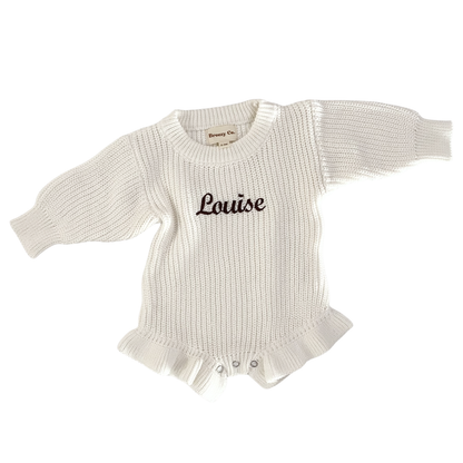 Personalised Knit Frill Romper - Milk