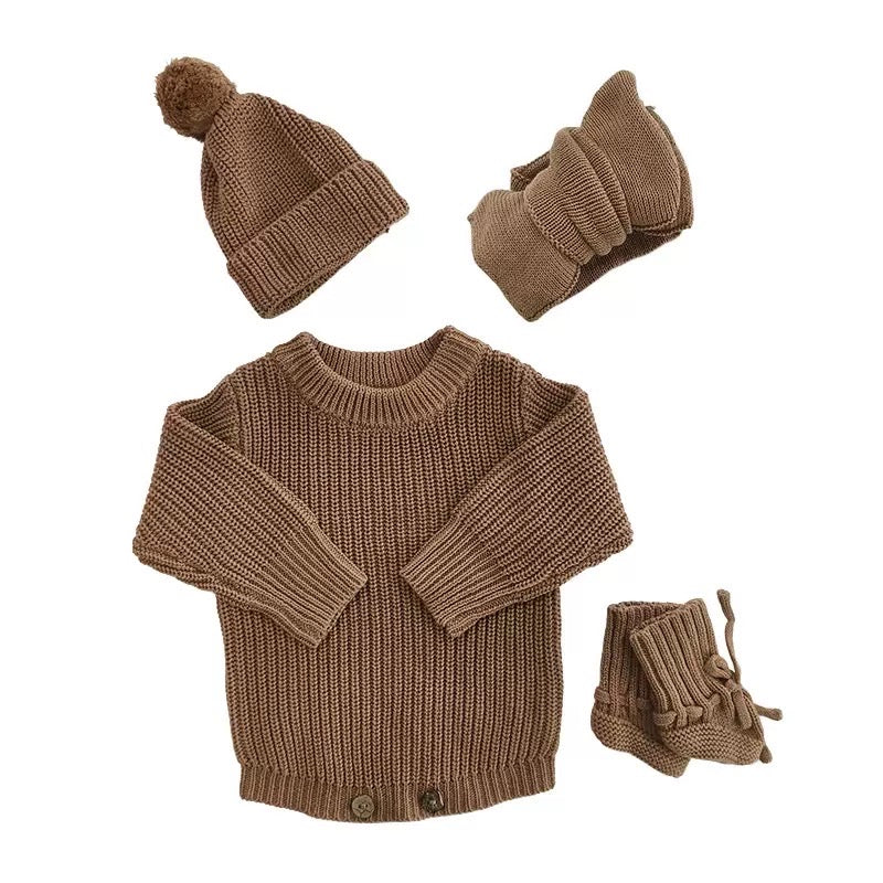 Long Sleeve Knit Romper - Brown
